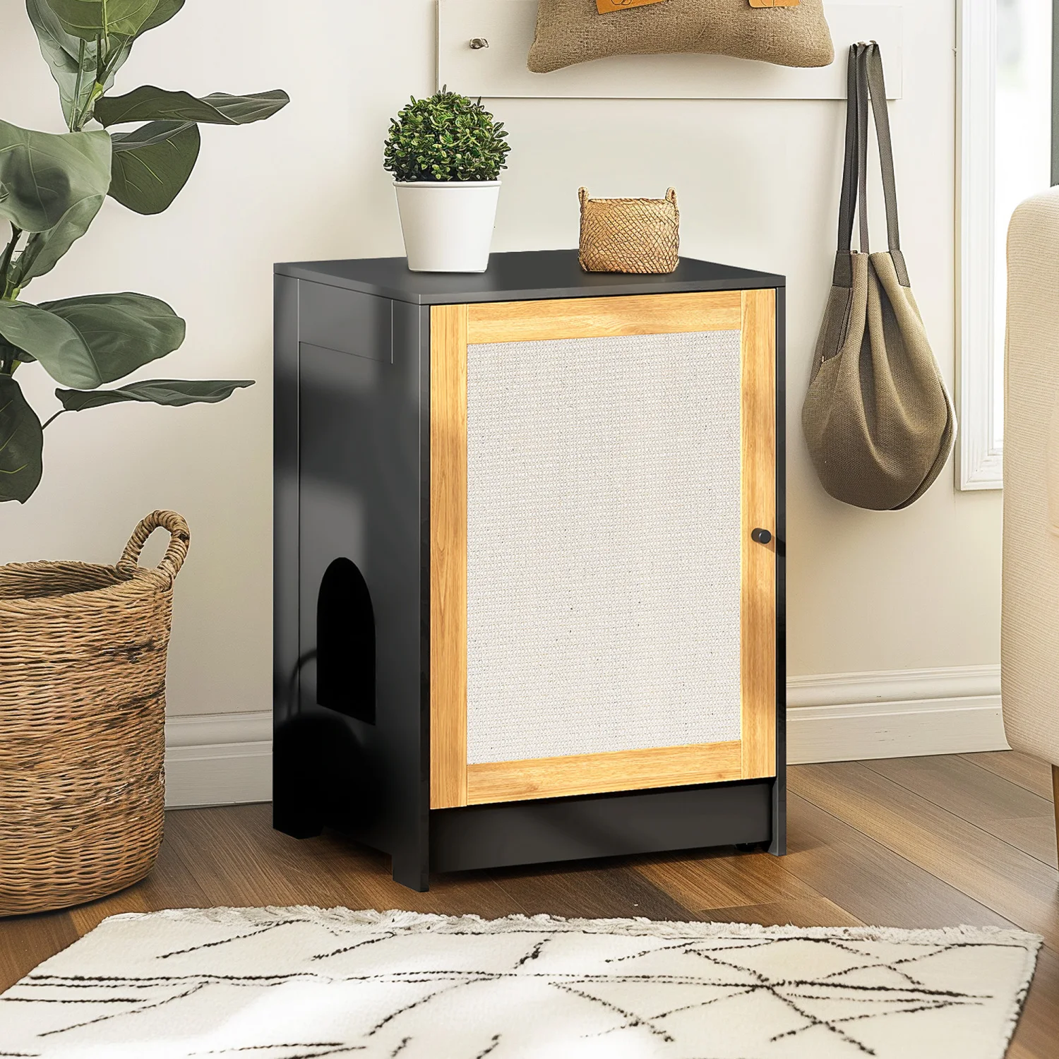 

Cat Litter Box Enclosure, Hidden Cat Washroom, Kitty End Table, Litter cabinet with sisal door,Black