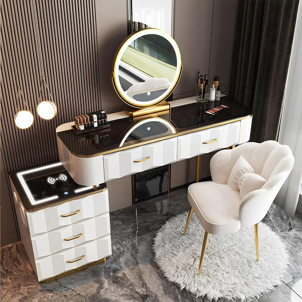 Makeup Vanity Set with Wireless Charging Station, Dressing Table with Mirror and Lights, Vanity Desk W Storage Cabinet and Chair