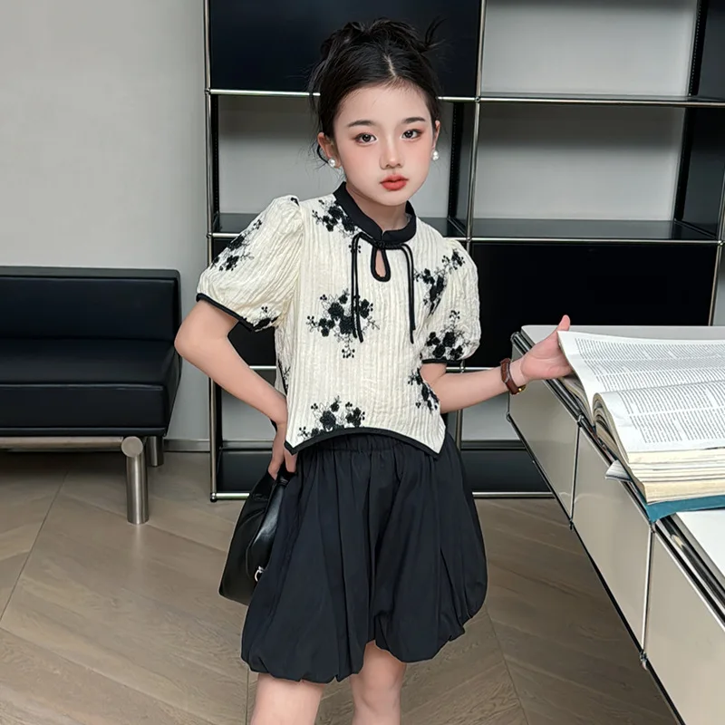 Girls Suits 2024 New National Style Set Summer Children Sweet Bract Chinese Style Two-piece Set Clothes Simple Casual Clothes