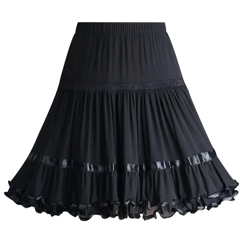 Spring Summer Black Mesh Skirt Women Elastic High-waist Patchwork Lace A-line Sexy Short Skirts Ruffle All-match Dance Skirts