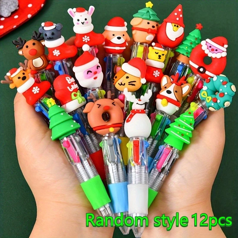 4/8/12 pieces. Cute mini Christmas four-color ballpoint pens with easy color switching, vibrant and diverse designs, smooth writ