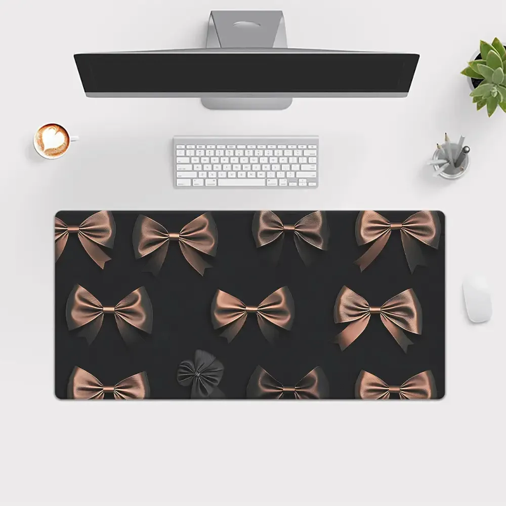 Elegant Bronze Bow Design Extra Large Desk Mat Durable Rubber Gaming Keyboard Mouse Pad for Office Home