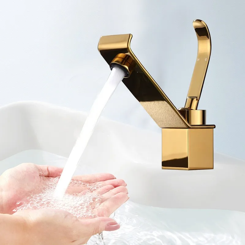 Bathroom Basin Faucet Hot and Cold Mixer Sink Tap Brass Golden Faucet Single Hole Deck Mounted Water Tap