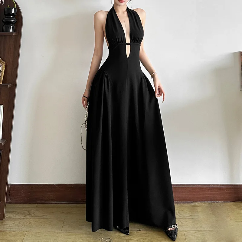 

2025 Sexy Deep V Halterneck Summer New Solid Color Sleeveless Waist Slim Dress Dress Women