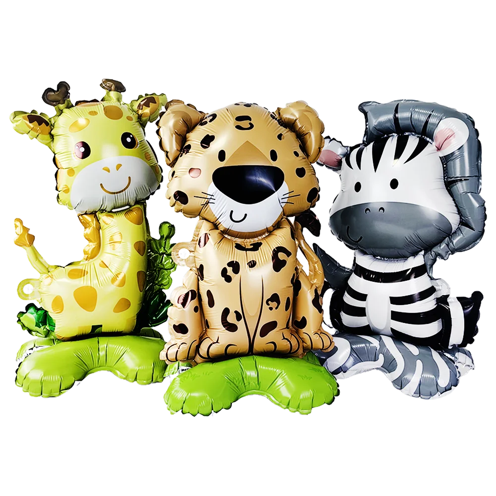 4D Standing Animals Balloon Bear Cat Dog Giraffe Zebra Leopard Shaped Foil Balloon With Base for Jungle Forest Party Decorations