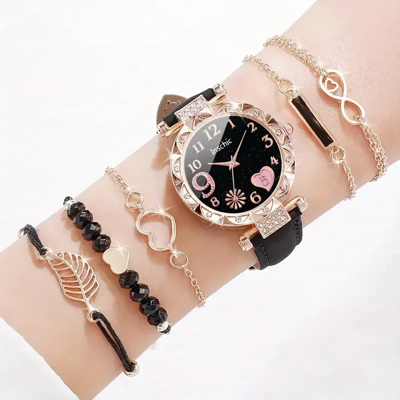 6pcs/set Women's Watch Beaded Bracelet Quartz Watch PU Leather Wrist Watch Bracelets Combination Set Jewelry Gift for Women Girl