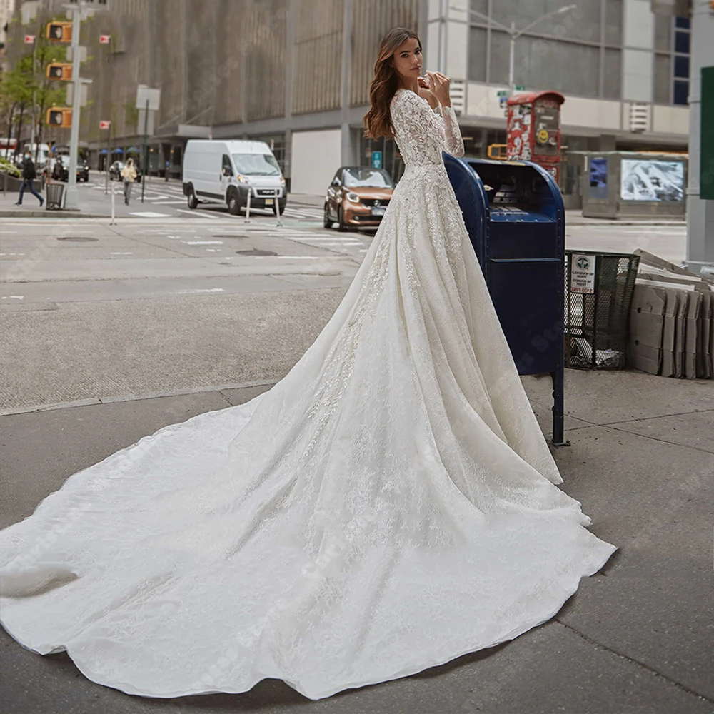 Vestidos De novia exquisitos para mujer, vestidos De novia De manga larga con cuello redondo, Apliques De encaje