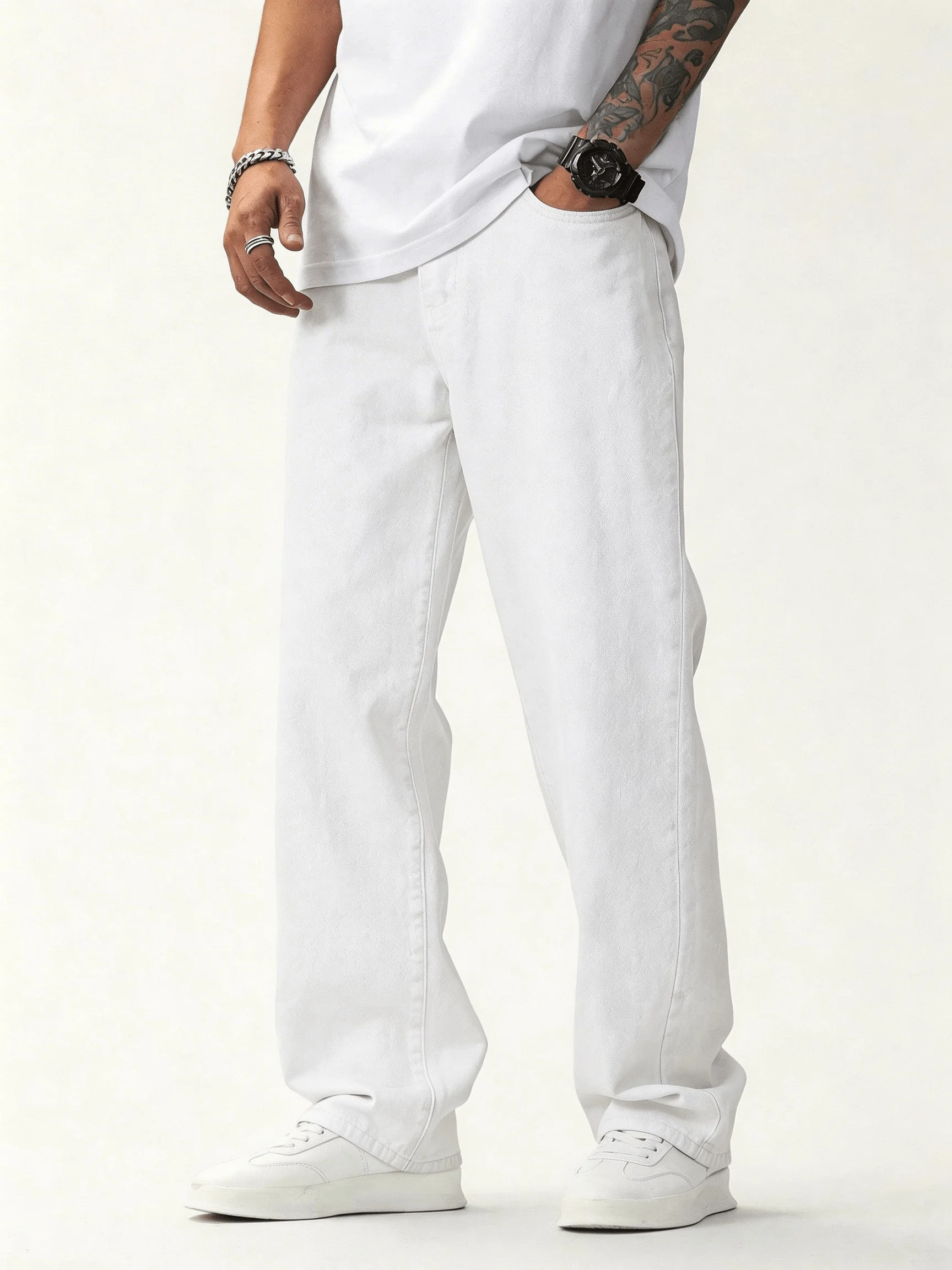 American High-Street White Loose-Fitting Men Jeans,Men Trendy Baggy Wide Long Pants Stylish And Versatile Minimalist Trousers view 3