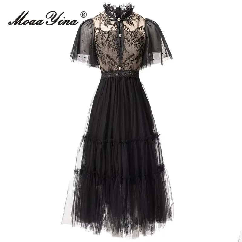 

MoaaYina Summer Fashion Designer Chiffon Dress Women Stand Collar Lace Nail Bead Embroidery Ruffles Vintage Black Midi Dress
