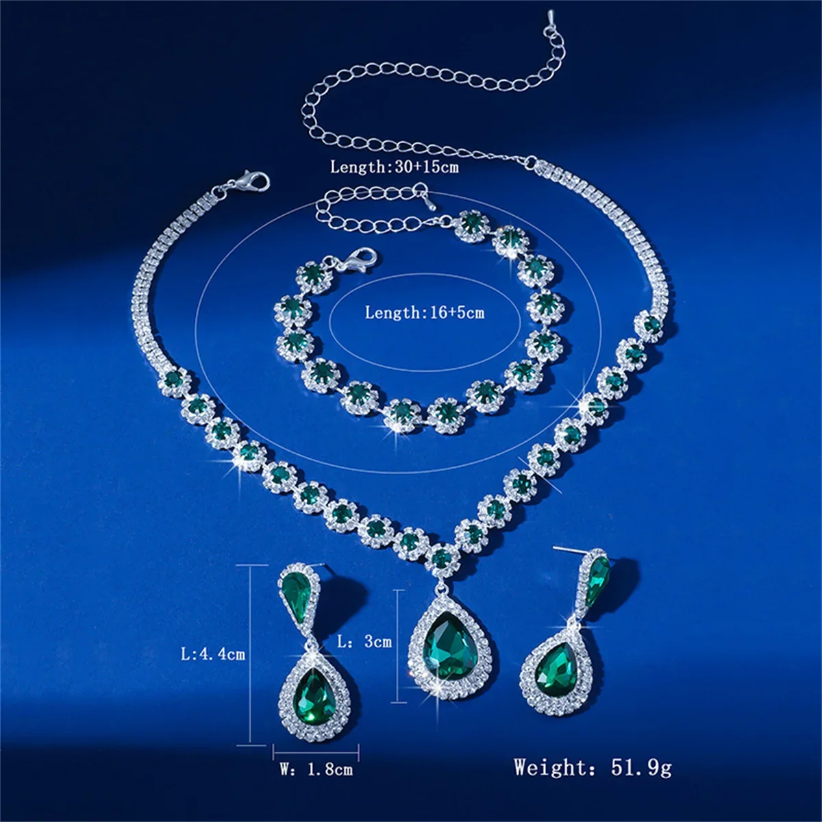 FYUAN Exquisite Red Blue Green Black Necklace Earrings Bracelet Water Drop Crystal Earrings for Wedding Jewelry Sets