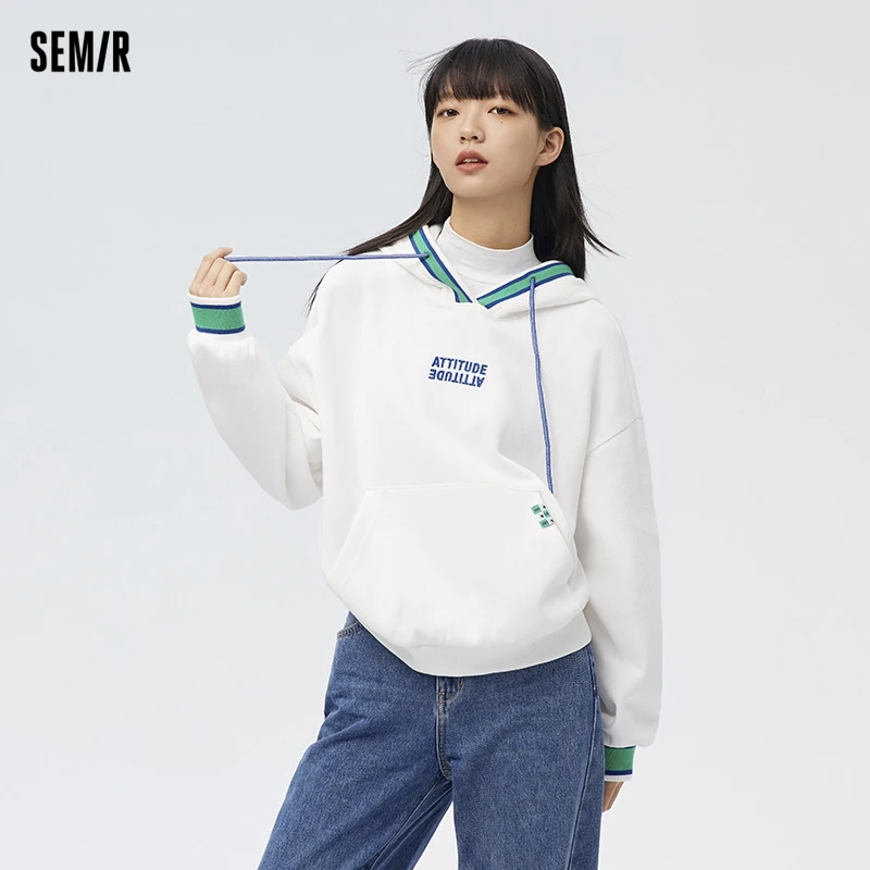 Semir 2024 Sweatshirt Women Contrasting Color Hooded Top Loose Spring Letter Embroidered Pullover For Girls Trendy And Cool Tops