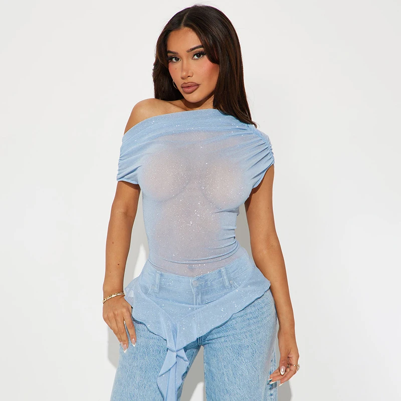 

Top women Summer trend 2025 mesh One shoulder t-shirt Short sleeve tee sexy See-through Pleated ruffle Ribbon elegant blouses
