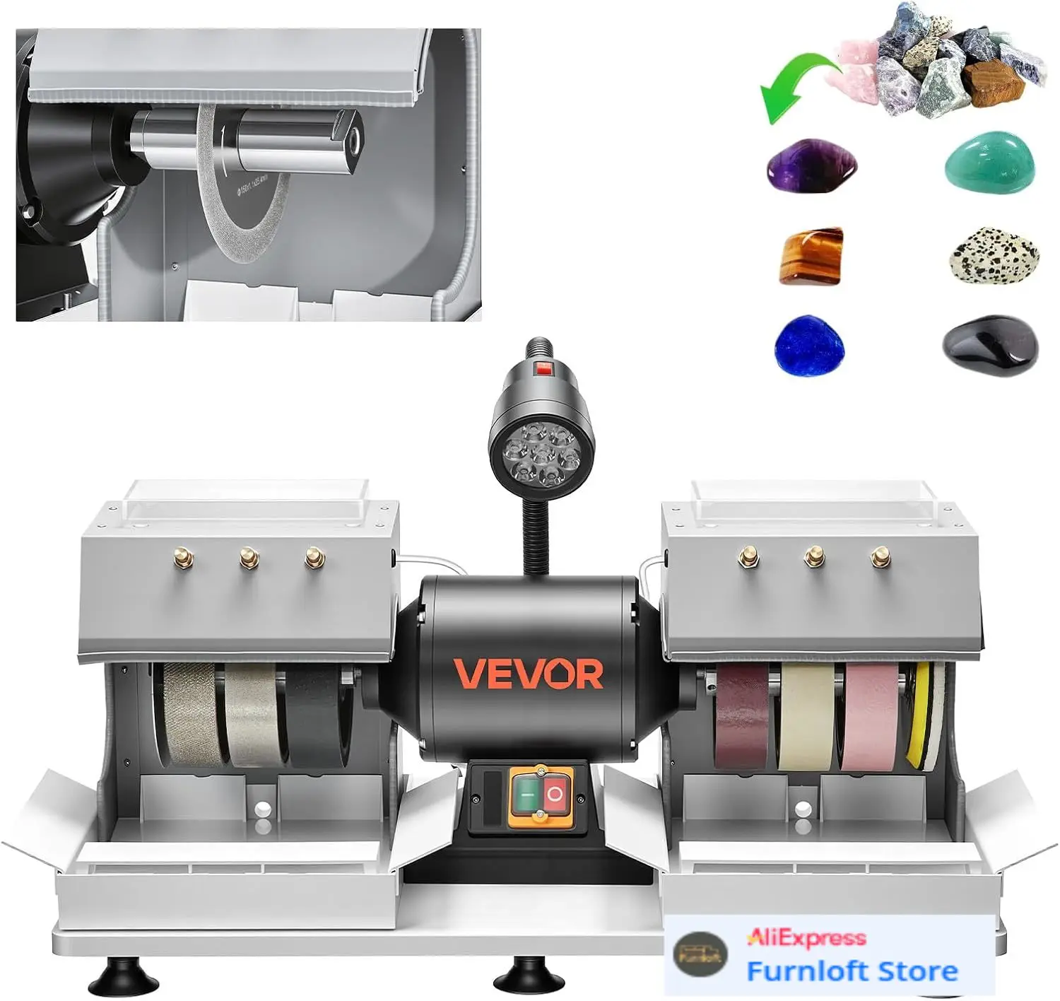 

Cabbing Machine, 6" 2/5 HP 1800 RPM Efficient, Lapidary Rock Grinder Polisher with Diamond and Resin Wheels, LED Lamp, Water