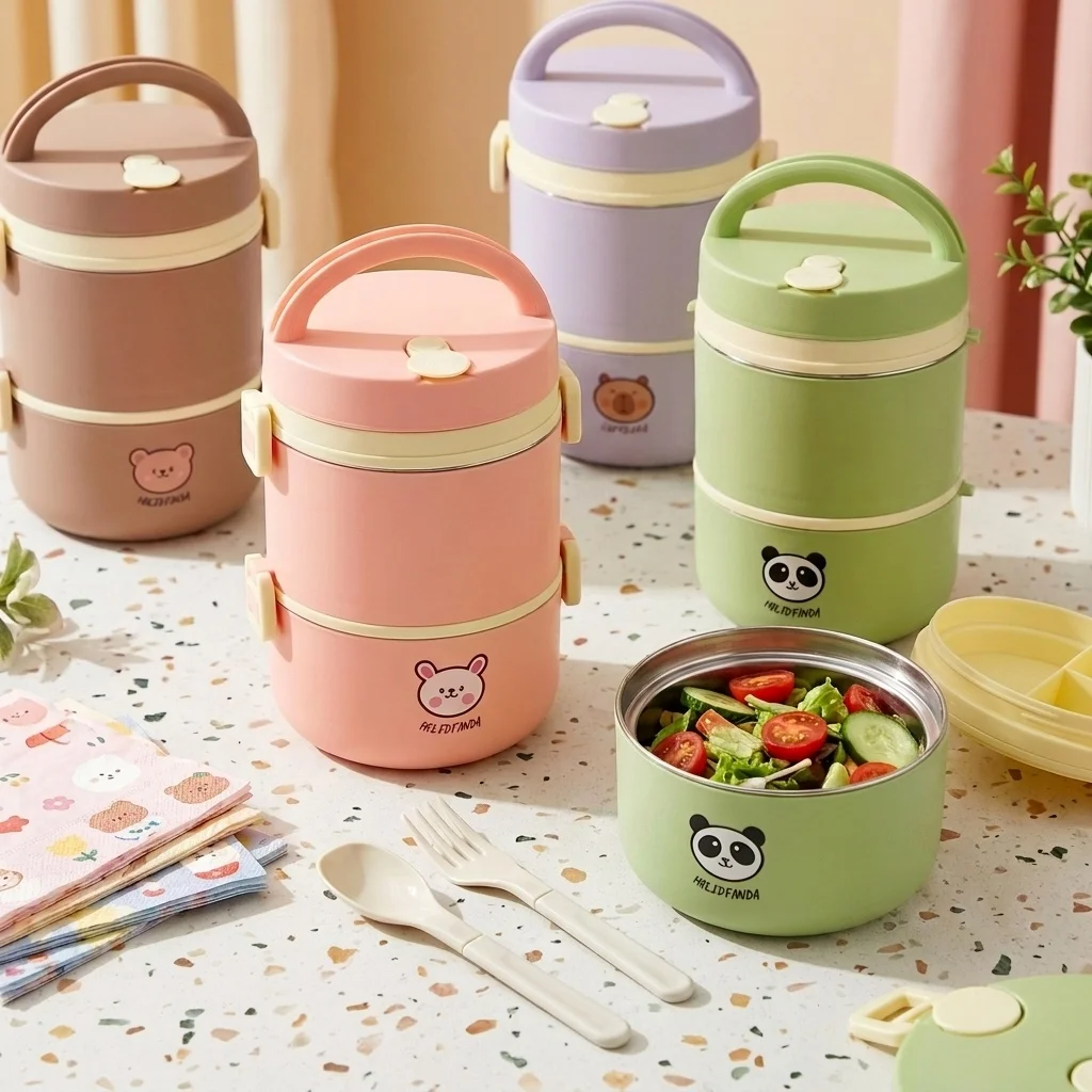 

Microwavable 304 Stainless Steel Bento Box Kids Thermal Lunch Box Stackable Leakproof Food Storage Container with Handle Cutlery