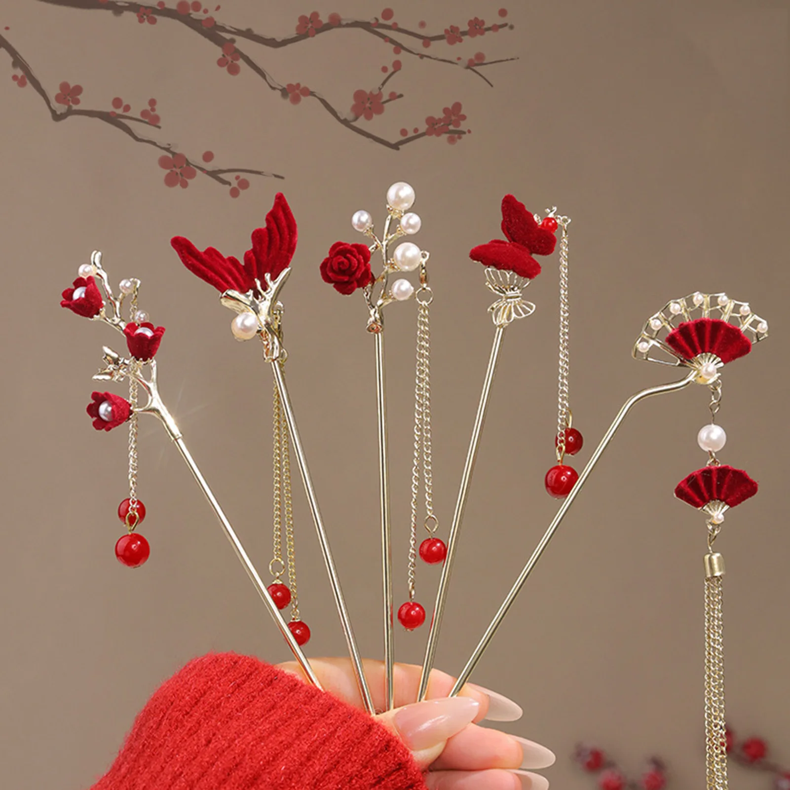 Pasador de pelo con flor de rosa estilo chino para mujer, peineta de pelo con flor roja, accesorios para el cabello de aleación metálica hechos a mano para niñas