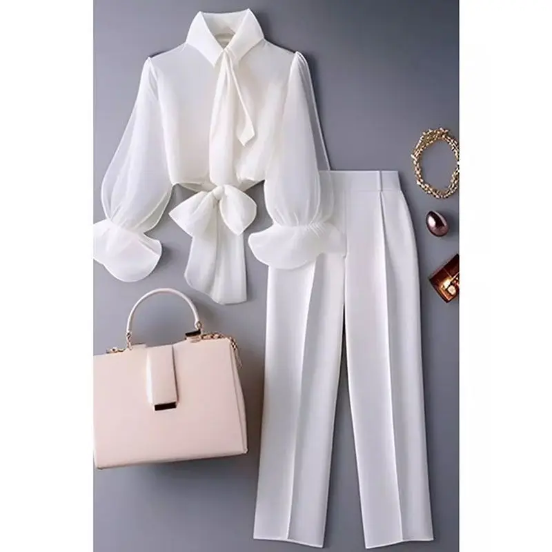 

New High End Fashion Design Suit pant sets Women Lace Up Bow Patchwork Flare Sleeve Shirt Tops + Trousers Oiffce Lady 2 Pcs Set