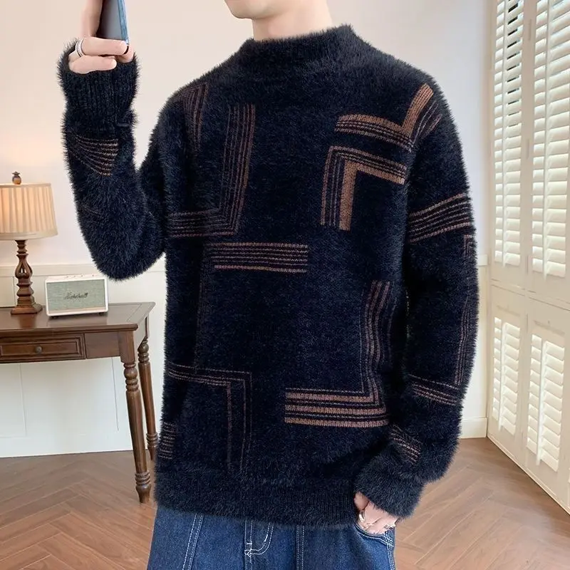 

2025 Thickened Sweater Men's Autumn Winter Casual Half High Neck Pullover Knitwear Furry Korean Loose Simple Sweaters 3 Colors