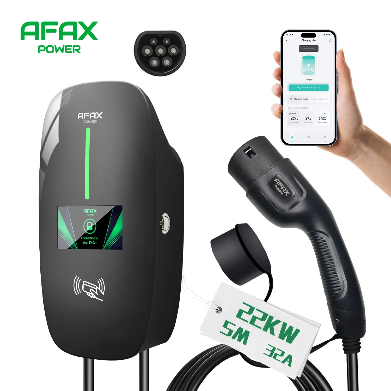 AFAX POWER EV Charger 32A 7.6kW Electric Vehicle Car Charger EVSE Wallbox 11kW 22kW 3Phase Type2 Socket APP Control