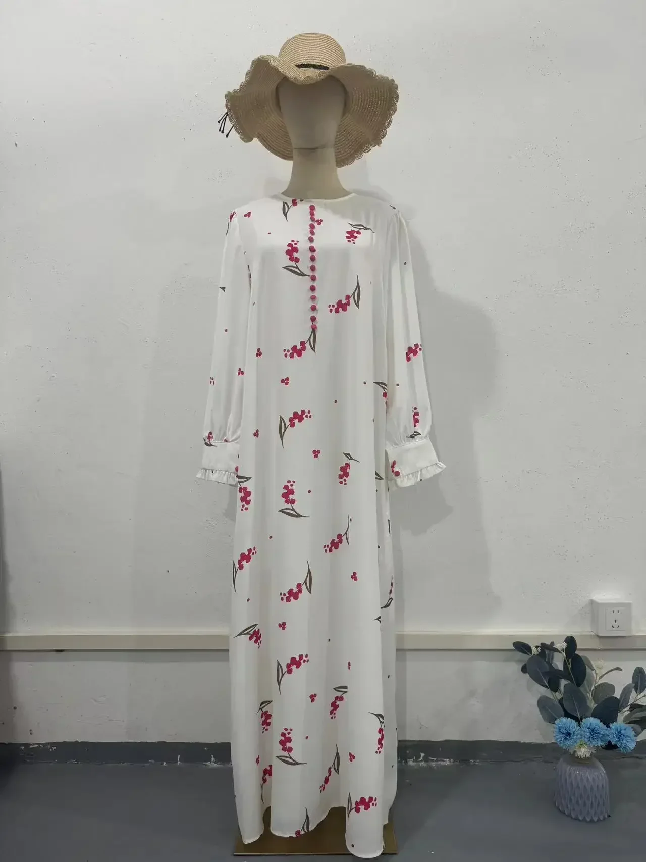 Eid มุสลิมชุดผู้หญิงหวานพิมพ์ชุดยาวปุ่ม Ramadan โมร็อกโก Vestidos Largos ดูไบตุรกี Robe Jalabiya 2025