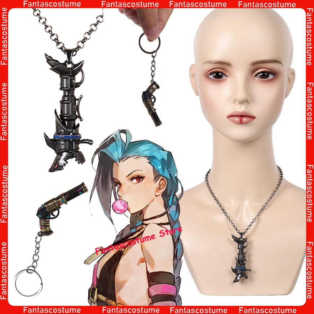 Jinx Cosplay Trinkets Necklace Gun Key Chain Shark Acrane Game LOL Jewelry Pendant Punk Keychain Halloween Costume Accessories