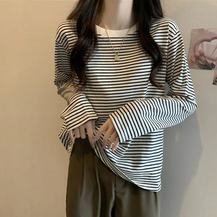 

Новинка 2025 года, женская полосатая футболка в стиле ретро с цветными блоками, классическая футболка с круглым вырезом и длинными рукавами, базовый винтажный шикарный уличный топ большого размера