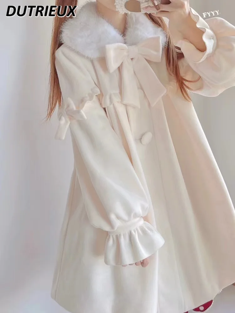 

Lolita Woolen Thick Sweet Bow Coat Elegant Cute Autumn and Winter Coat Fur Collar Warm Long Sleeves Mid-Length Woolen Coat