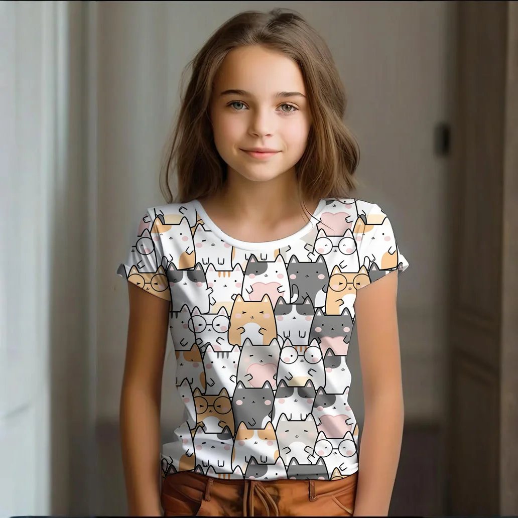 

Summer Cartoon Cat Graphic T-Shirt for Girls Short Sleeve O-Neck Kids Art Doodling Casual Top Children's Clothing