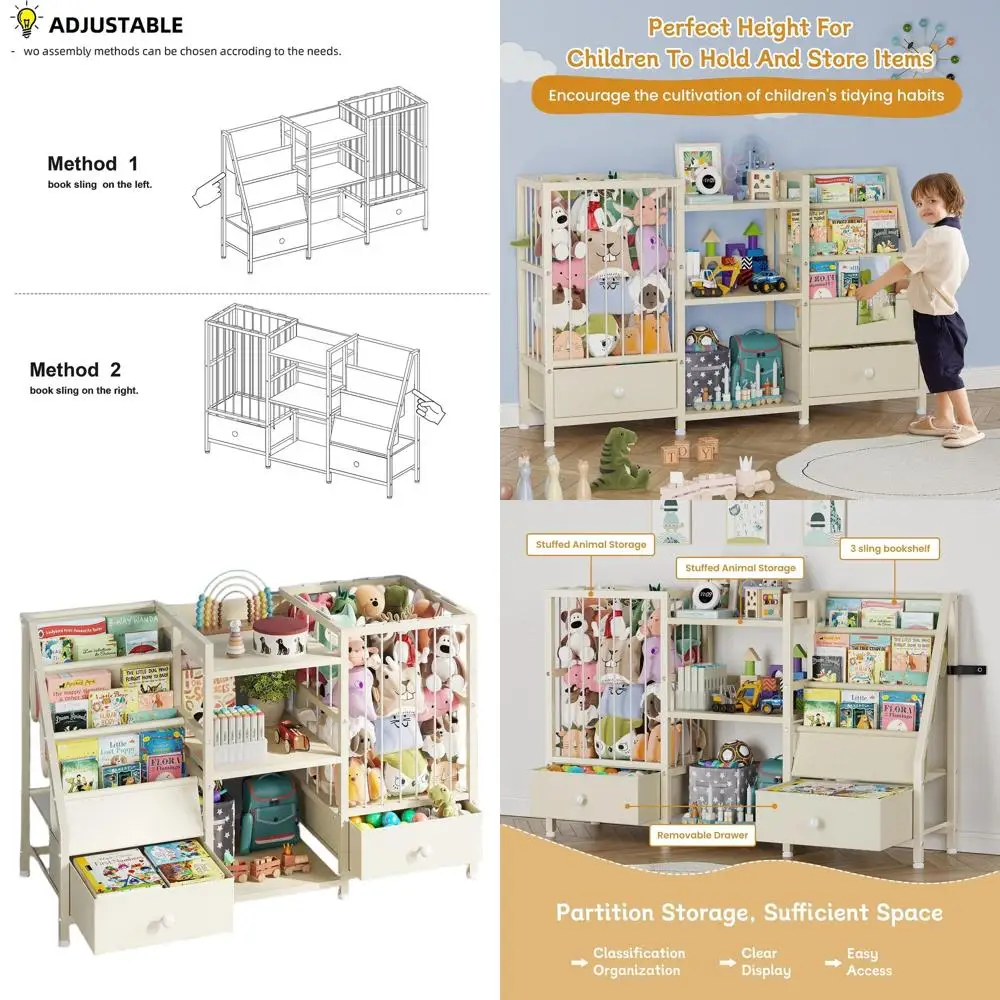 

Montessori-Style Kids Bookshelf with Stuffed Animal Storage and 2 Drawers, 3-Tier Beige Bookcase for Nursery, Playroom, and Kind