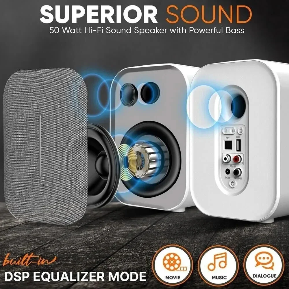 50W Hi Fi 3D Surround Sound Active Bluetooth Speaker Wireless Subwoofer Optical Input Bookshelf TV Speakers With Remote Control