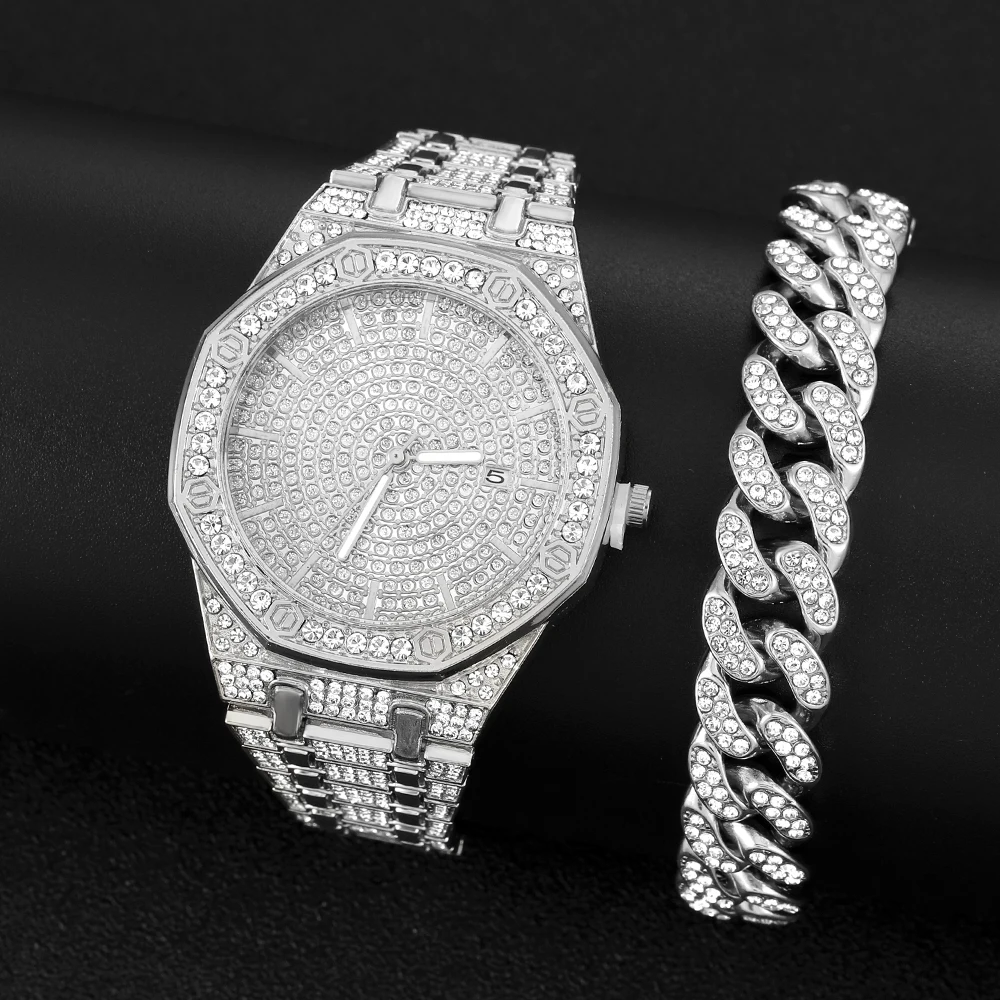 iced Out  Gold Silver Color Watch Women's Luxury Rhinestone Cuban Chain Bracelet Watches Fashion Wrist Watch Hip Hop Jewelry