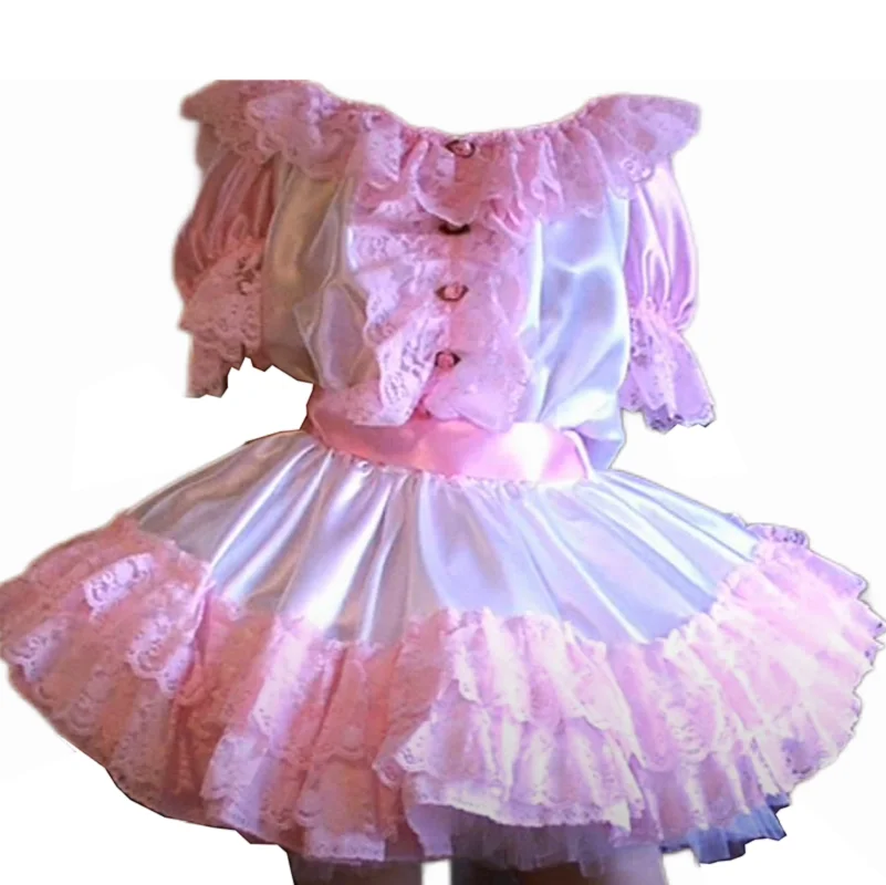 

French Sexy Adult Customized Fetishist Crossdressing Sissy Pink Scoop Neck Low Neck Lace Cuffs Waist Strap Dress