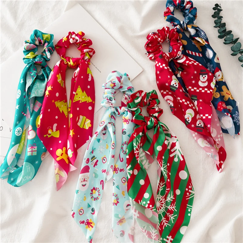 Santa Claus Bows Hair Scrunchies Long ribbon Ponytail Scarf  Hair Tie Women Girls Elastic Hair Bands Christmas Hair Accessories