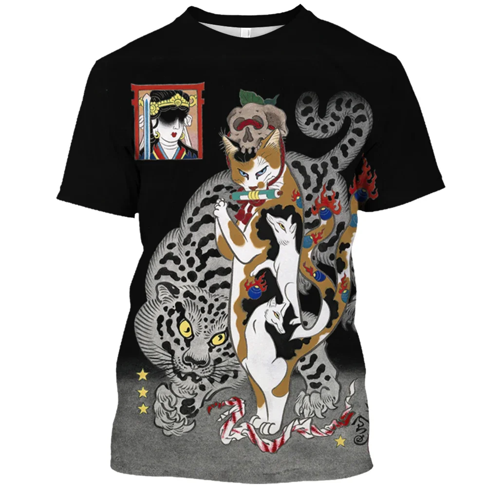 Camiseta masculina e feminina de manga curta com gola redonda, mitologia japonesa, gato samurai, estampa de Harajuku 3D, gráfico, verão