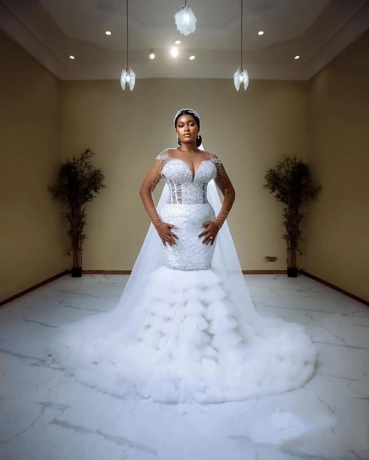 

Customized Shinny Beads Sequins Mermaid Arabic Aso Ebi Wedding Dress Long Sleeves Open Back Bridal Gown Removable Skirt