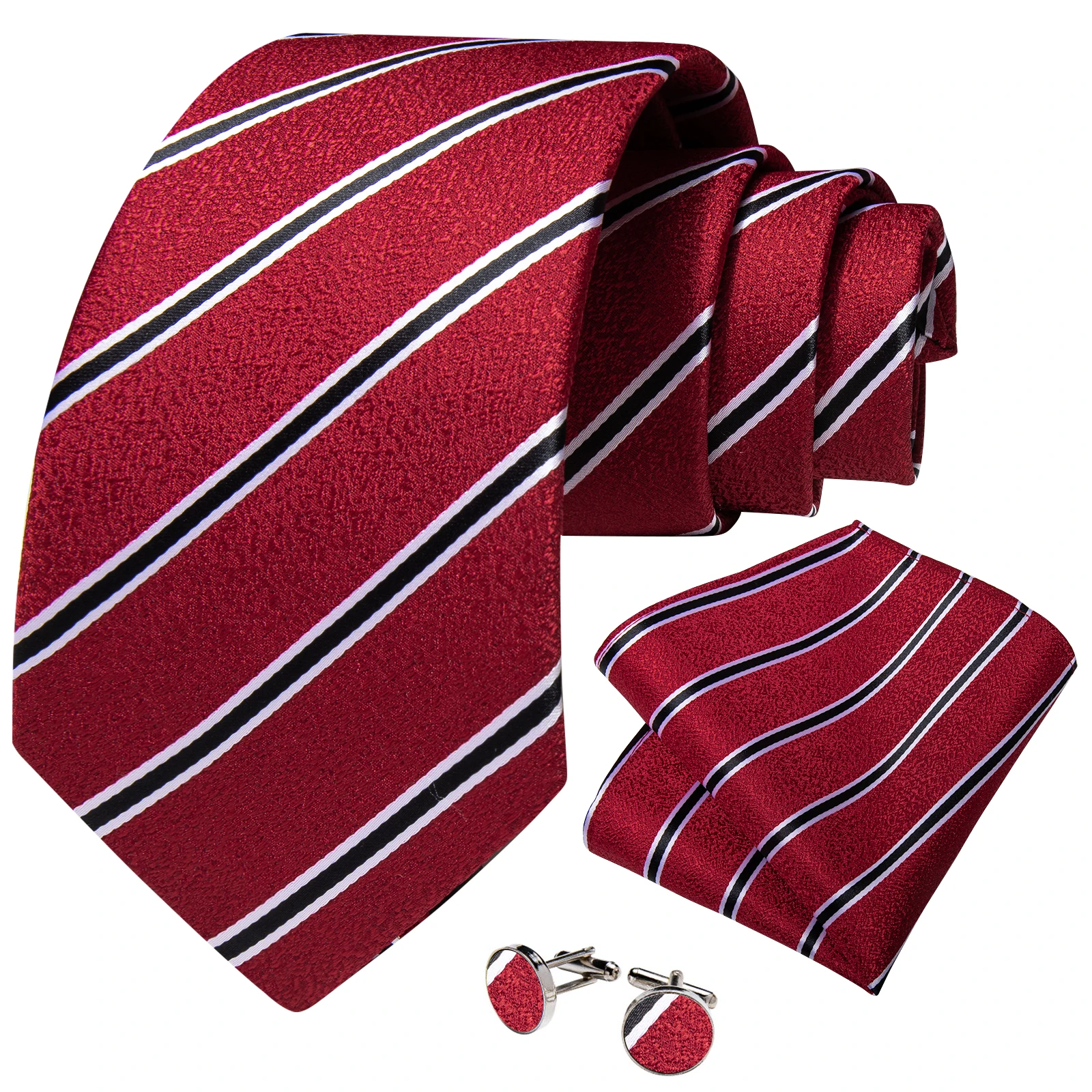 

Classic Red Striped Silk Ties for Men Pocket Square Cufflinks 8cm Width Business Formal Necktie Set Wedding Accessories Men Gift