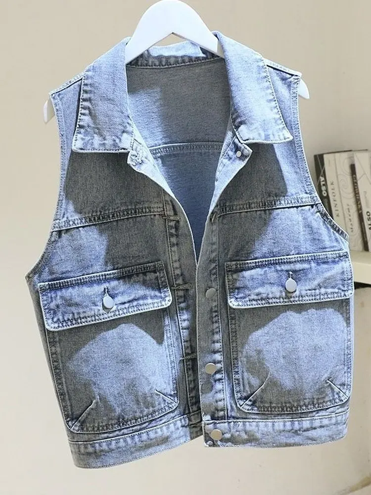 Simple Denim Vest Women's Spring Autumn Loose Large Size Layering Sleeveless Collar Stand-Up Versatile Youthful Big Pocket Vest