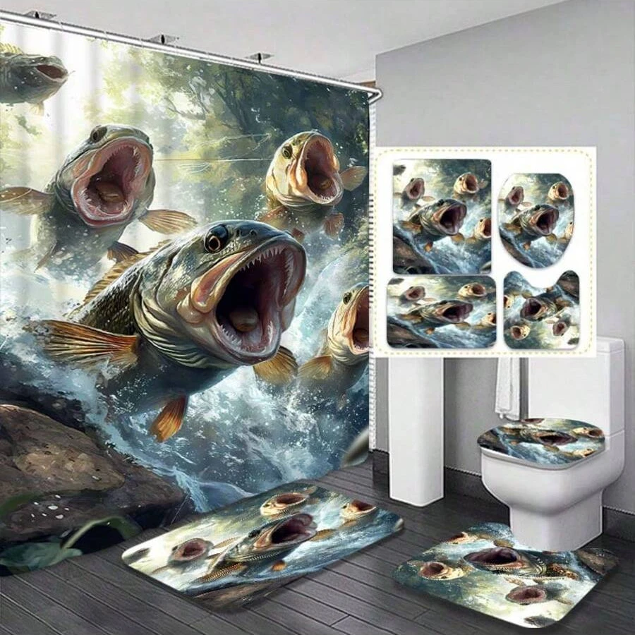 4pcs Creative Jumping Fish Waterproof Shower Curtain Set,Suitable For Winter, New Year, Holidays, Premium Home Decor Accessory