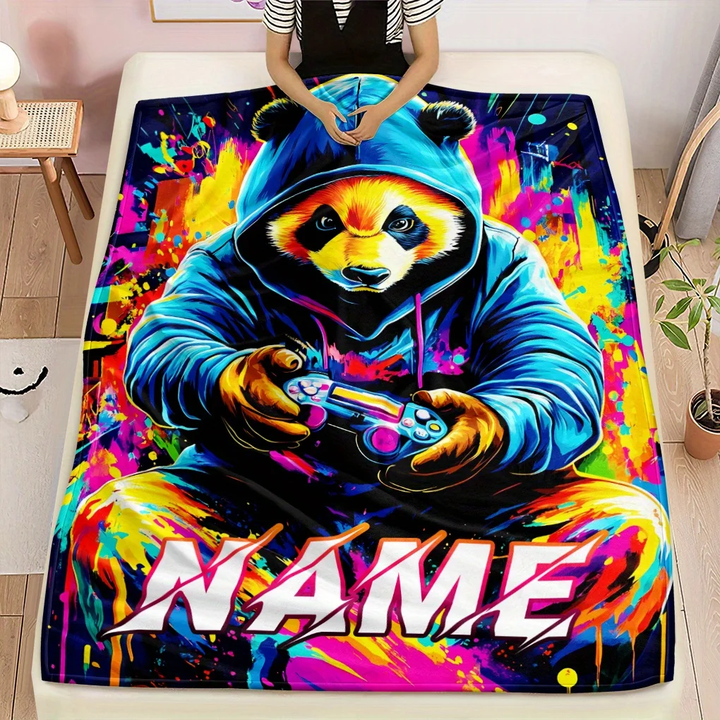 Benutzerdefinierte Name Coole Gamer-Panda-Decke, leichte Flanell-Einrichtungsgegenstände für Sofas, Betten, Reisen, Camping, Wohnzimmer, Büros