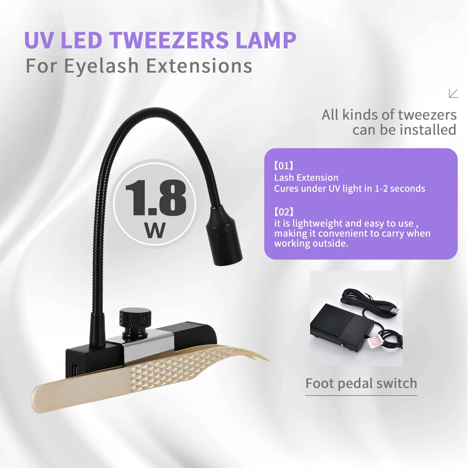 Draagbare UV LED Lash Pincet Licht met pedaalschakelaar Wimperverlenging Lijm Curing Lamp Professioneel Home Lash Extension Tool