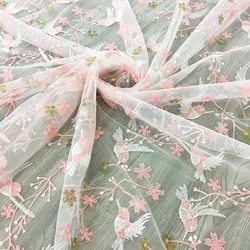 Pink Small Bird Embroidery Mesh Fabric Plant Pattern Sequins Fashion Lace Fabric For DIY Dress Children's Clothing Fabric TJ9659