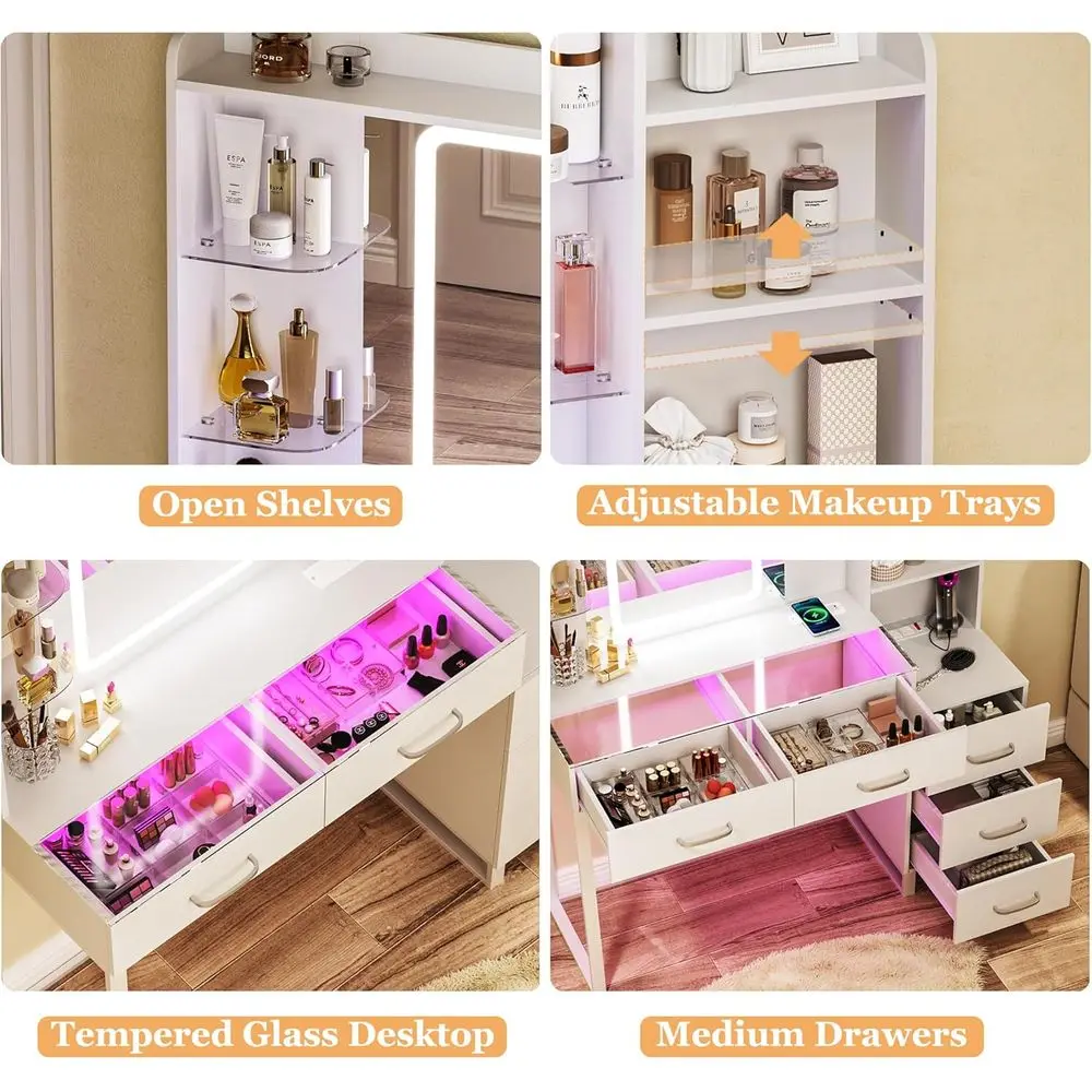 43 LED-lit Makeup Vanity Desk with Glass Top, Wireless Charging, RGB Drawers, 3 Light Colors & Power Outlet Switch image 4