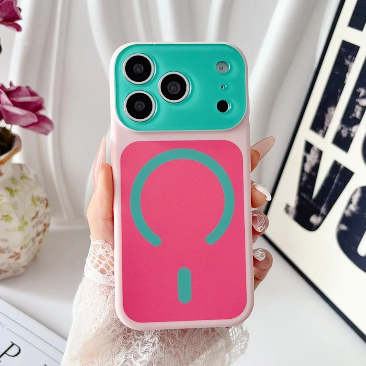 Candy Contrast Color Large Window Lens Protect For Magsafe Case For iPhone 17 Air 16 15 14 13 12 Pro Max Magnetic Charge Cover