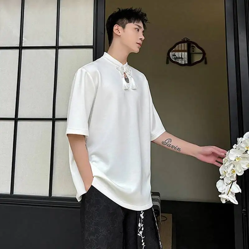 LUZHEN 2026 Summer Hollow Collar Tassel Design Chinese Style Short Sleeve T-shirts Men's Fashion High Quality Casual Tops JY7051