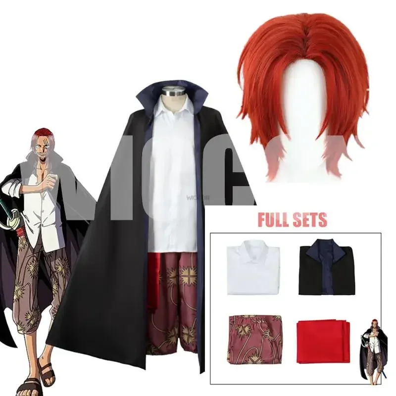 

Anime Shanks Redhead Cosplay Costume Shirt Printing Pants Belt Black Cloak Coat Red Wig Woman Man Adult Halloween Party Suit