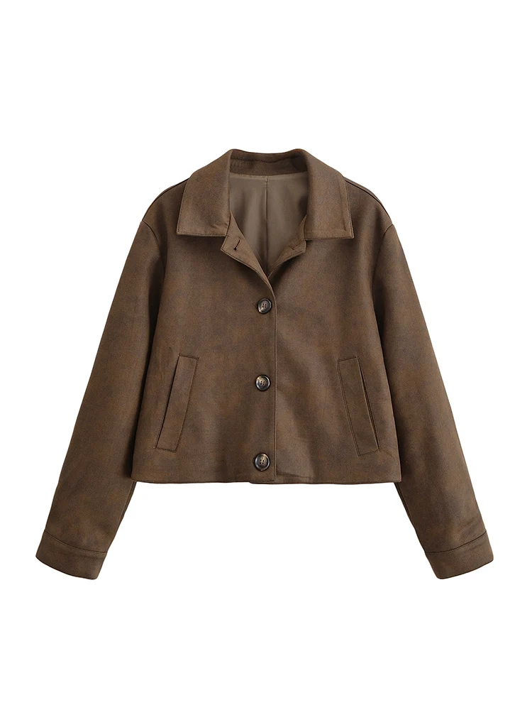 

European style new women's fashion versatile temperament pocket lapel long sleeve suede textured jacket