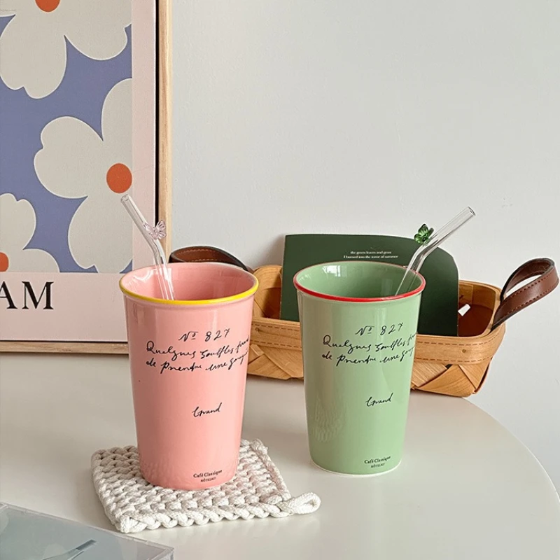 French Ceramic Coffee Mug 450ml Water Cup Vintage Paper Cup Letters Ceramic Hand Hold Tall Mug Coffee Cups Breakfast Juice Mugs