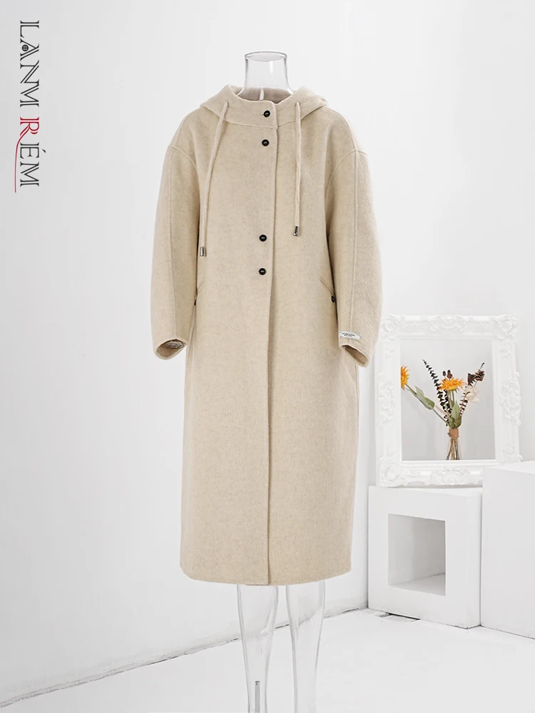 

LANMREM Hooded Winter Wool Long Coat Women Korean Style Drawstring Single Breasted Clothing Office Lady 2024 New CPG2154