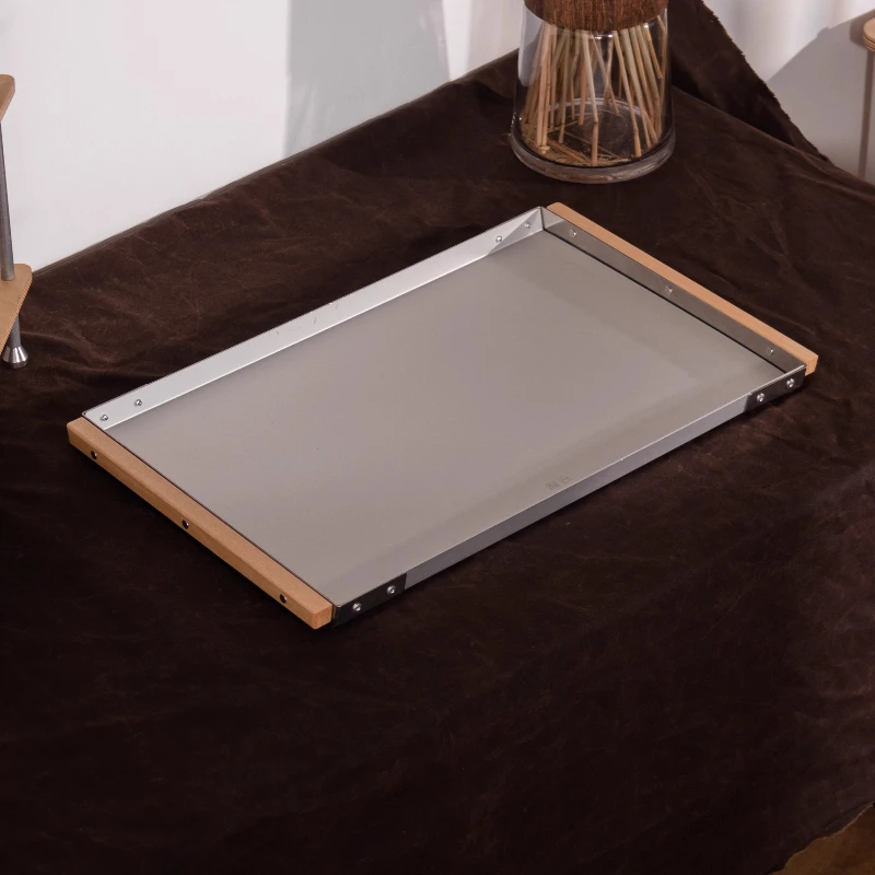 Modern Wood Serving Tray with Stainless Steel Accents Multi-Purpose Home Decor Platter for Cheese Appetizers Display Board