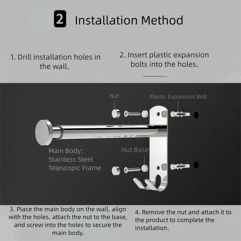 

2Pcs Stainless Steel Clothes Hanger Storage Rack Wall-mounted Foldable Clothes Drying Hanger Space Saving Waterproof