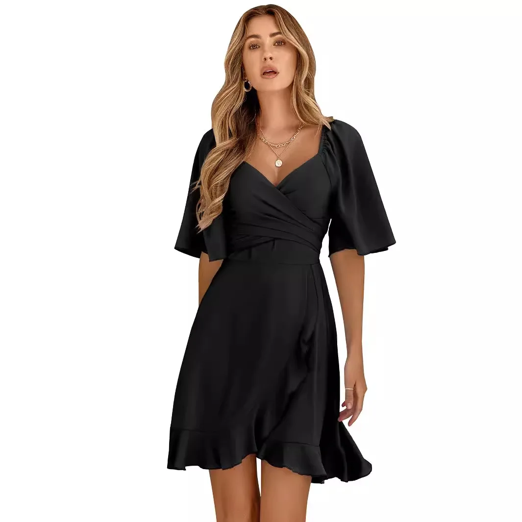 

Summer Trendy Women's Dress V-neck Solid Color Short Sleeve Waist Cinched Ruffled Party Dresses Personality Women Robe Femme